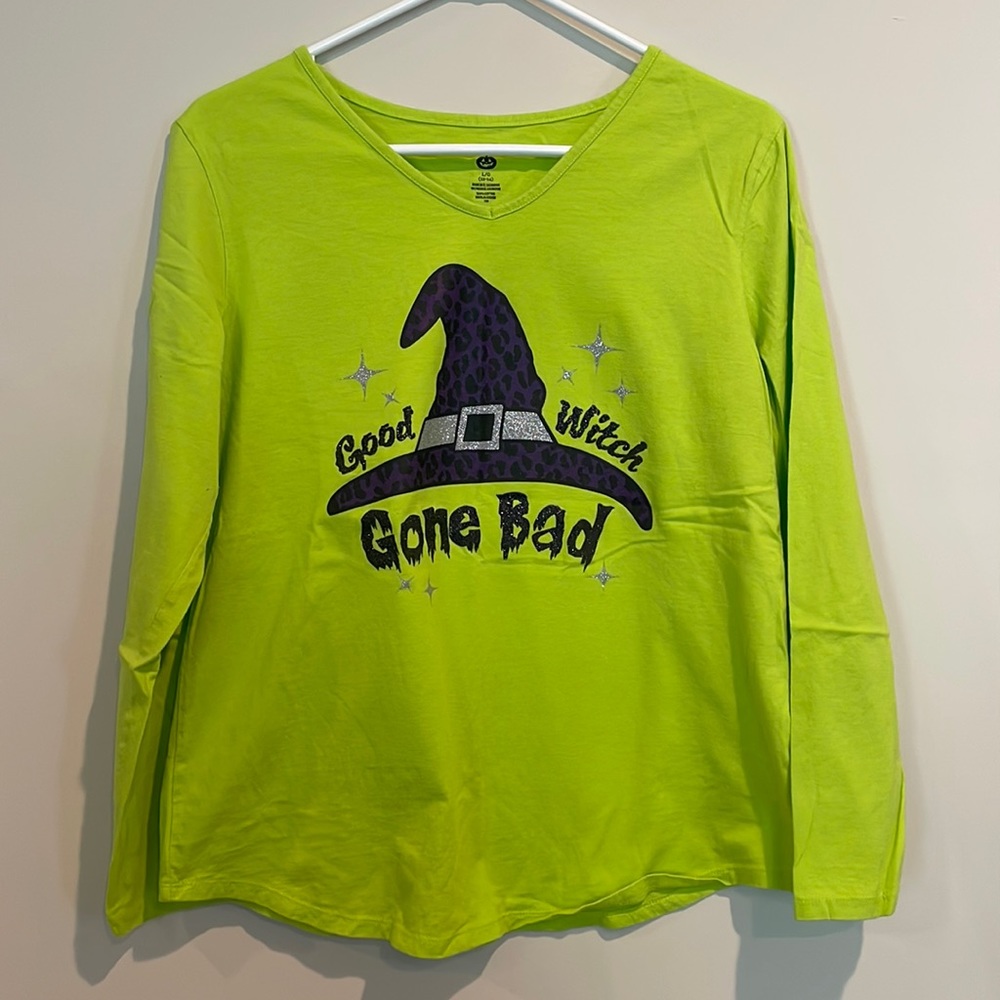 Good Witch Gone Bad Long Sleeve Glittery Neon Green Shirt
